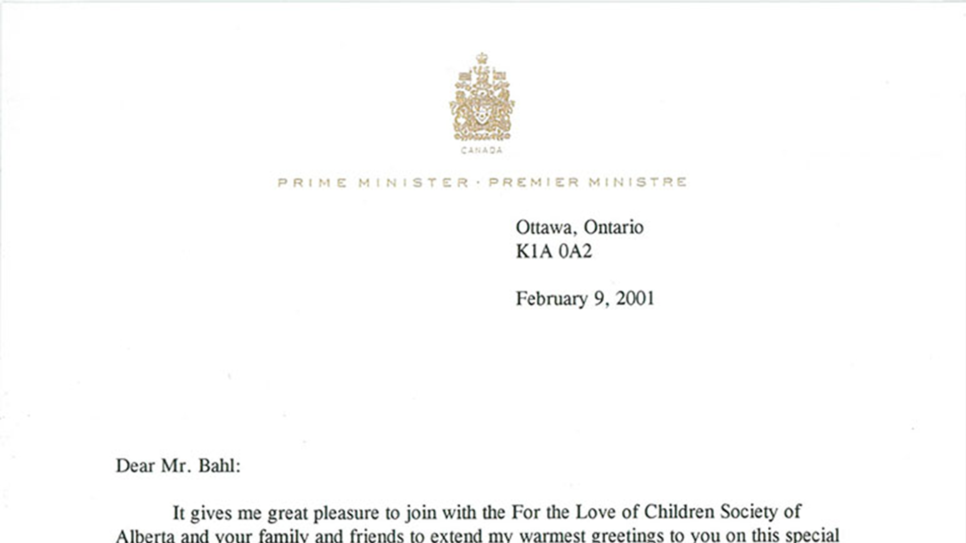 Letter From Prime Minister Jean Chretien