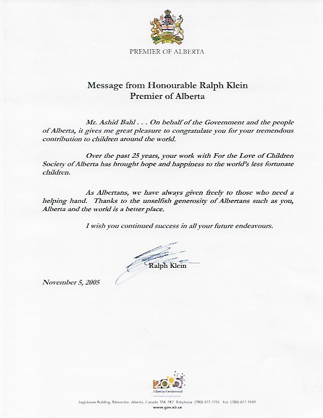 Letter From Premier Ralph Klein