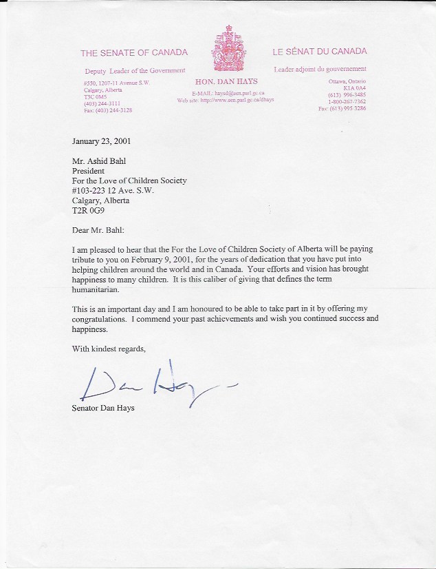 Letter From Senator Dan Hays