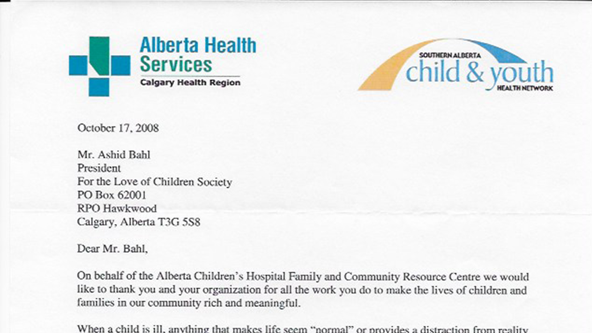 Alberta Health Services Letter