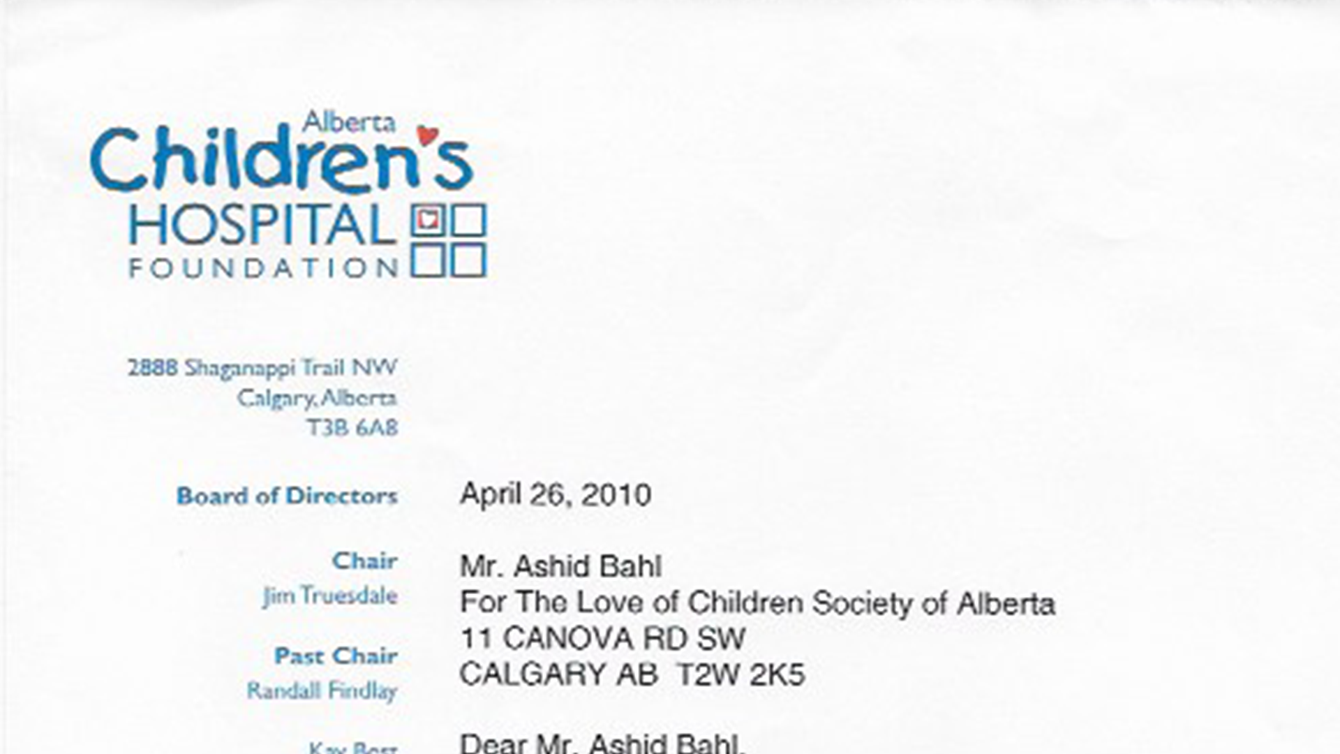 Alberta Children’s Hospital Letter