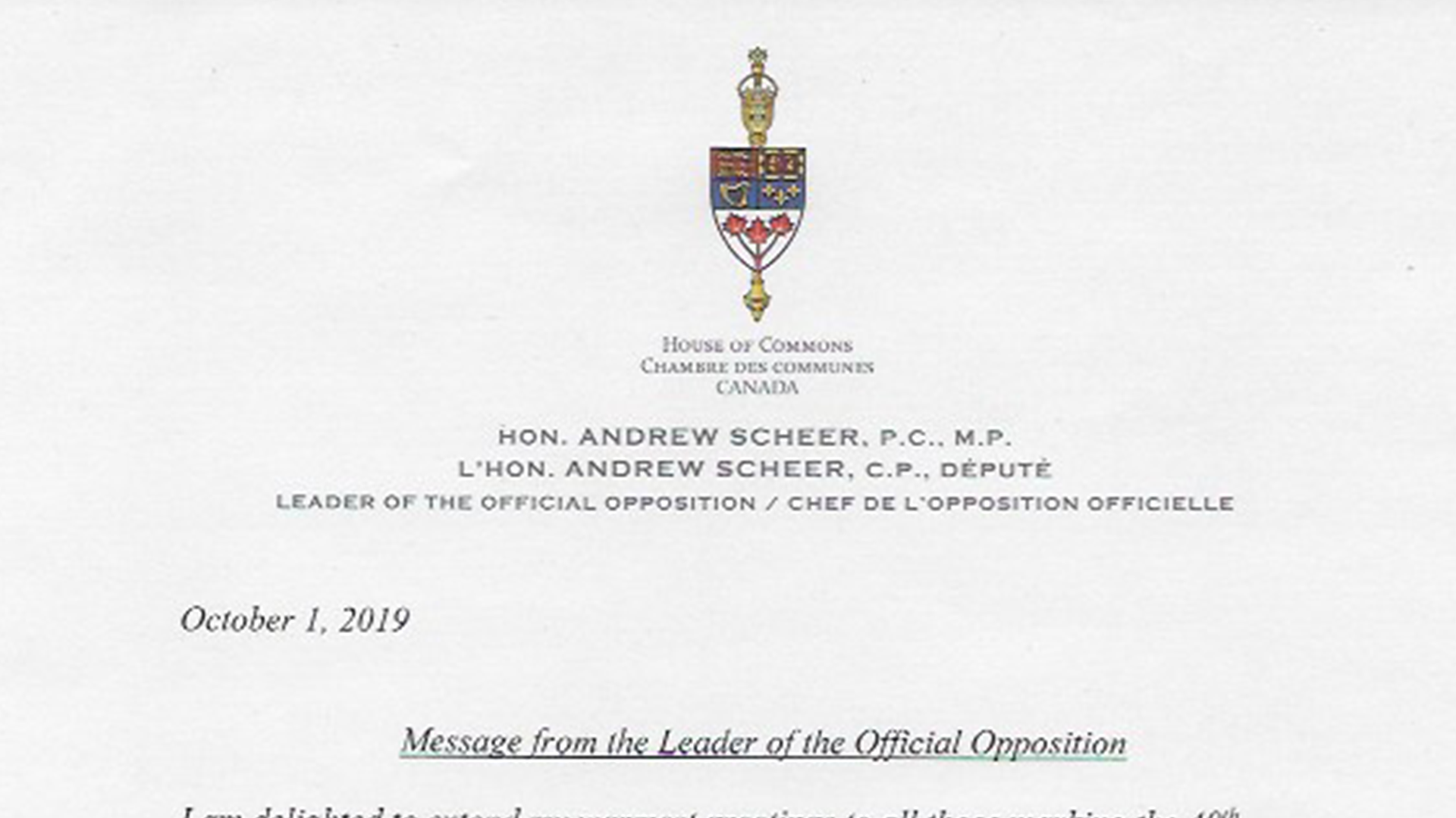 Letter From Opposition Leader Andrew Sheer